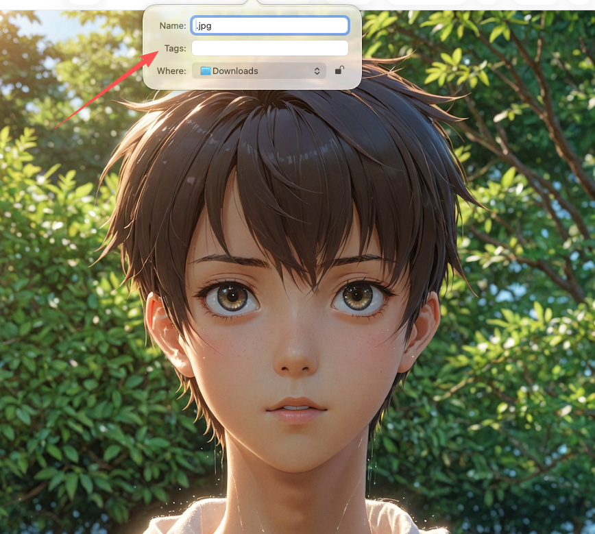 A macOS dialog box prompting to rename and save a high-quality anime style AI generated image file to the local folder.