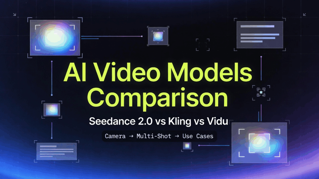 Infographic comparing AI video models Seedance 2.0 vs Kling vs Vidu features like camera controls and multi-shot use cases.
