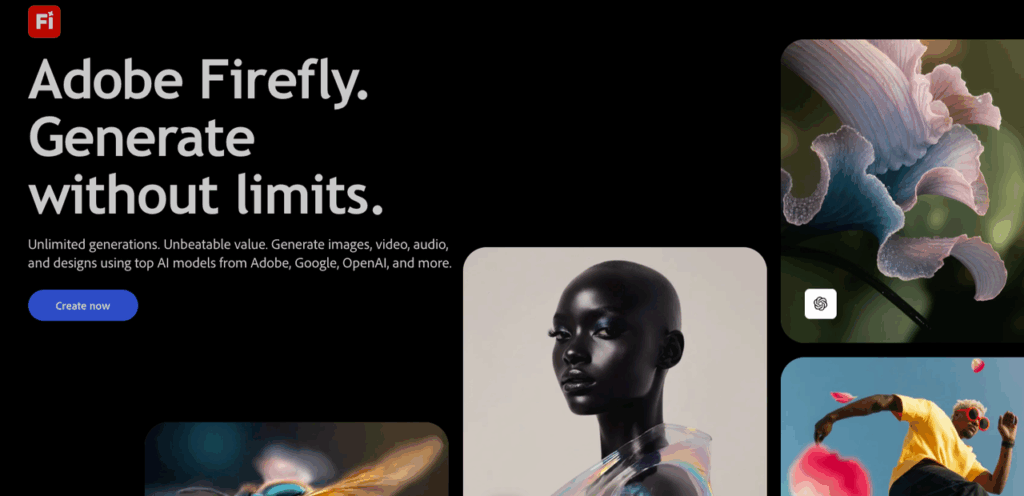 Adobe Firefly landing page displaying creative generation tools, known as the best ai photo editor for pros.