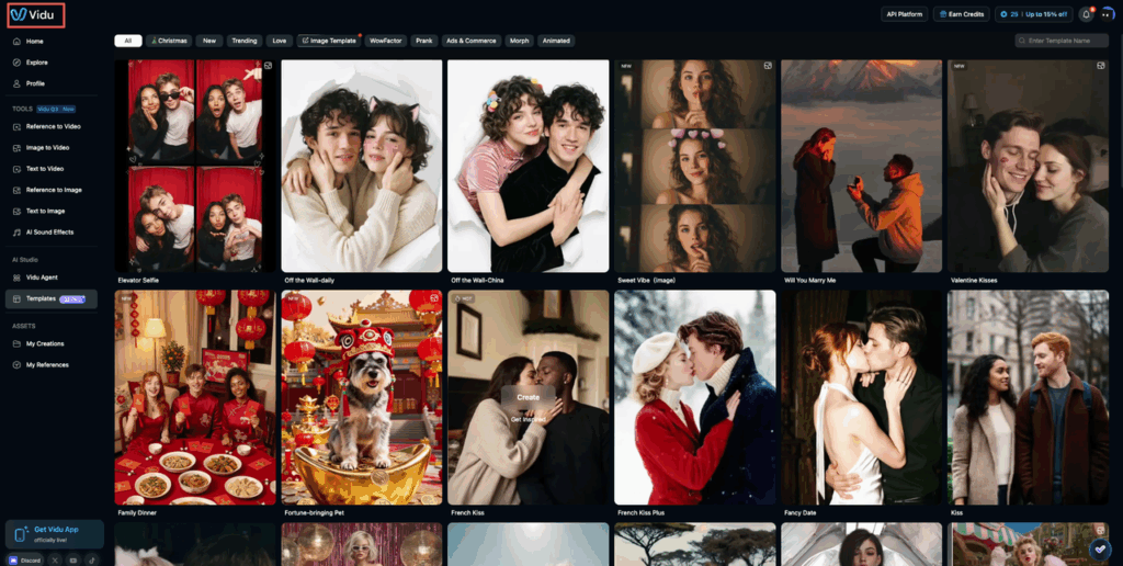Full dashboard view featuring a wide variety of trending Vidu templates, including romantic and social media themes.