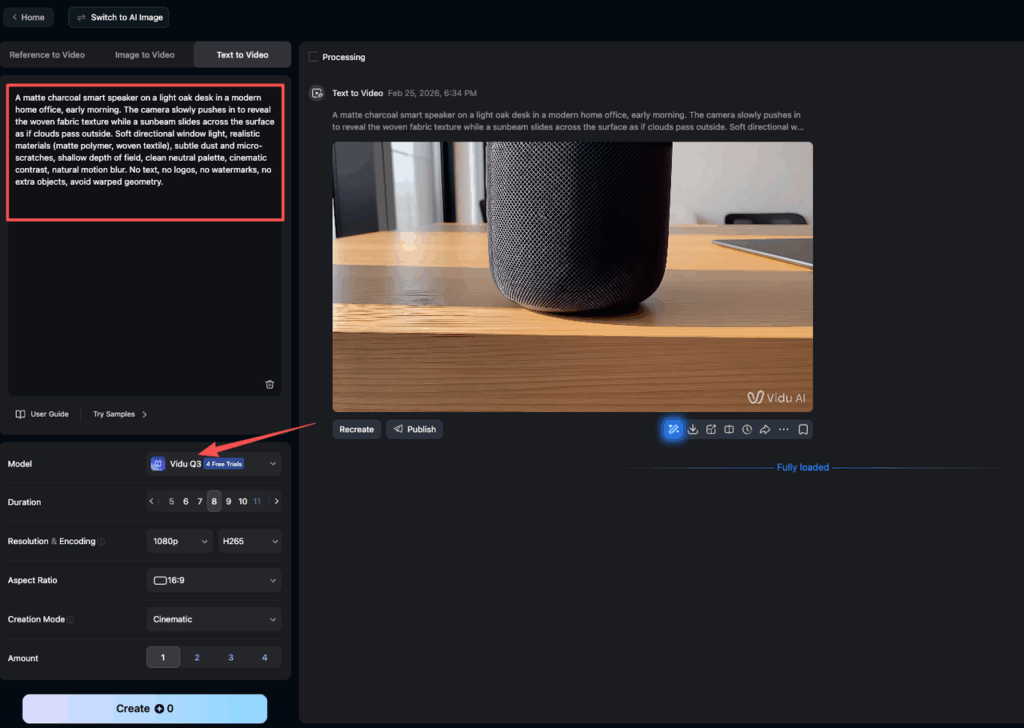 A workspace view showing a descriptive Vidu Q3 prompt used to generate a realistic video of a charcoal smart speaker.