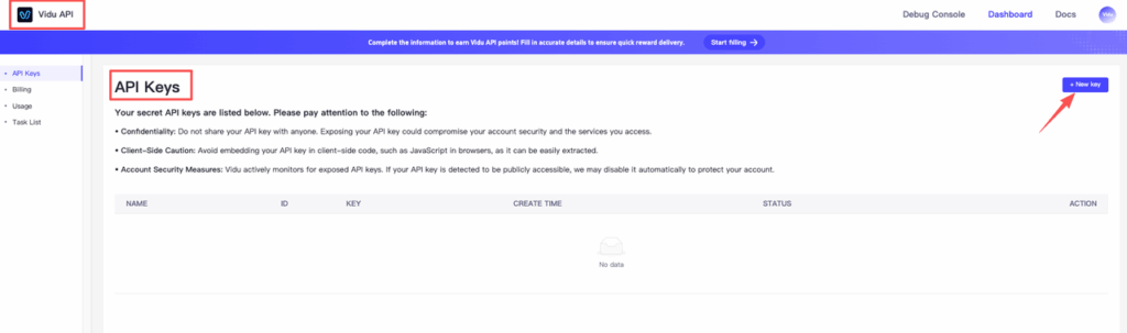 A step-by-step visual showing how to generate a new Vidu API key within the developer dashboard to authenticate requests.