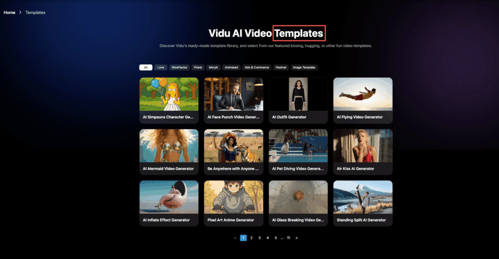 Grid view of the Vidu templates library showing various categories like Love and WowFactor for instant video creation.
