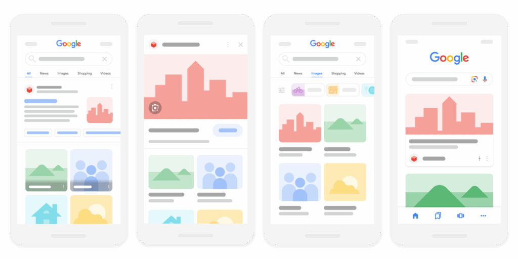 Four mobile screens displaying Google Search layouts with visual stories, image packs, and standard search result listings.