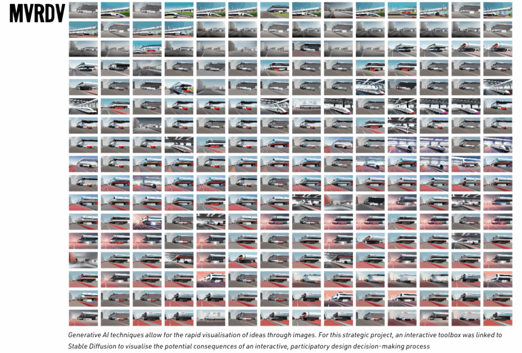 Multiple building iterations generated by Stable Diffusion show mvrdv ai use in design.