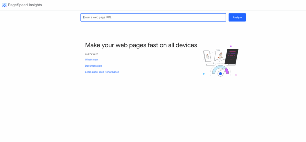 Google PageSpeed Insights homepage featuring a central URL input bar to analyze web page speed and performance on all devices.