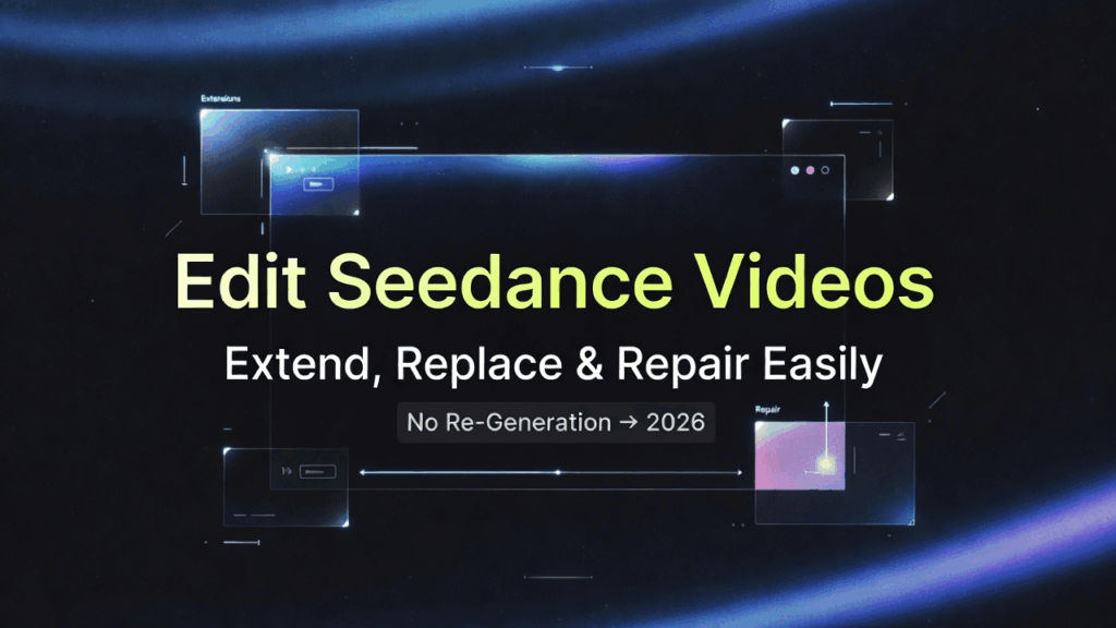 A dark feature graphic displaying the new capability to seedance 2.0 extend replace clip and repair video segments easily.