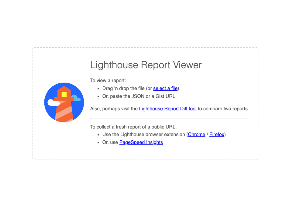 Lighthouse Report Viewer screen with options to upload JSON files or use extensions to analyze website performance metrics. 