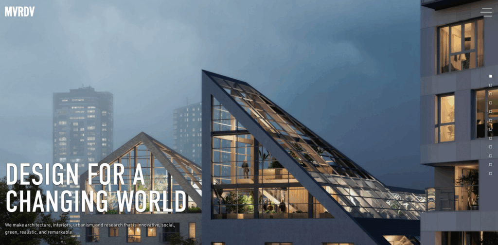 MVRDV homepage featuring modern sustainable architecture and mvrdv ai use in design.