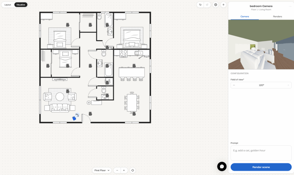 A critical look in our maket.ai review at the dual 2D floor plan editor and the interactive 3D camera render visualizer.