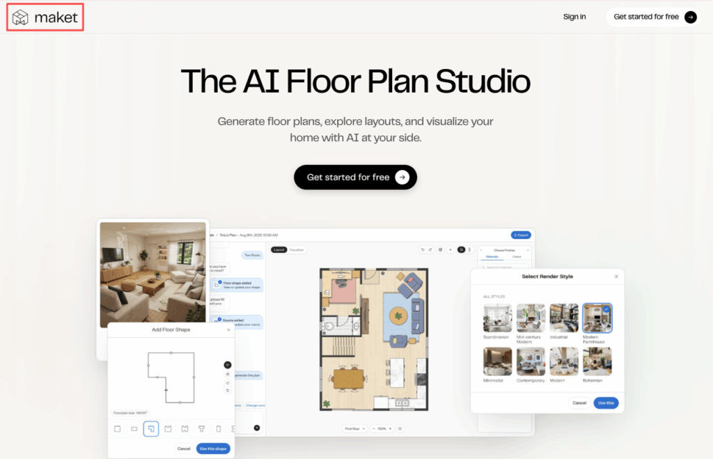 Our maket.ai review examines the AI Floor Plan Studio homepage, showcasing floor plan generation and stylish 3D renders.