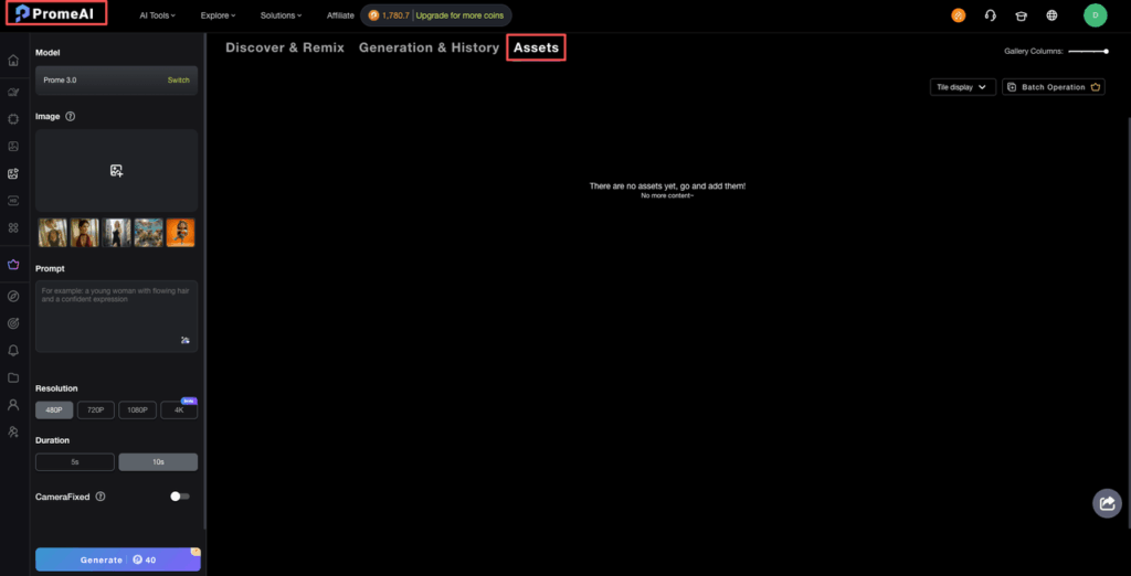 Locate the assets tab in the dashboard to start using your promeai animated product ad templates.