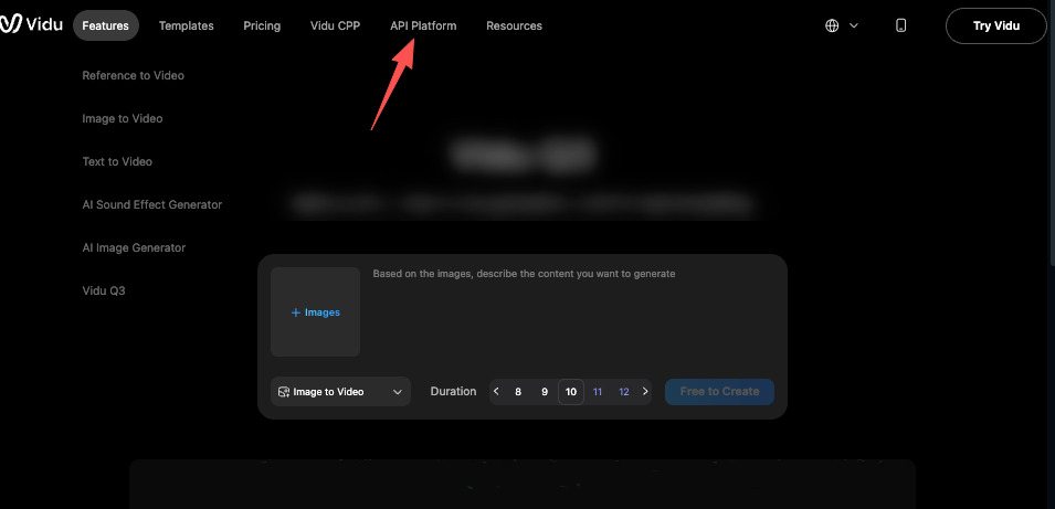 How to access the Vidu API platform from the main Vidu website menu, showing the interface for image to video generation.