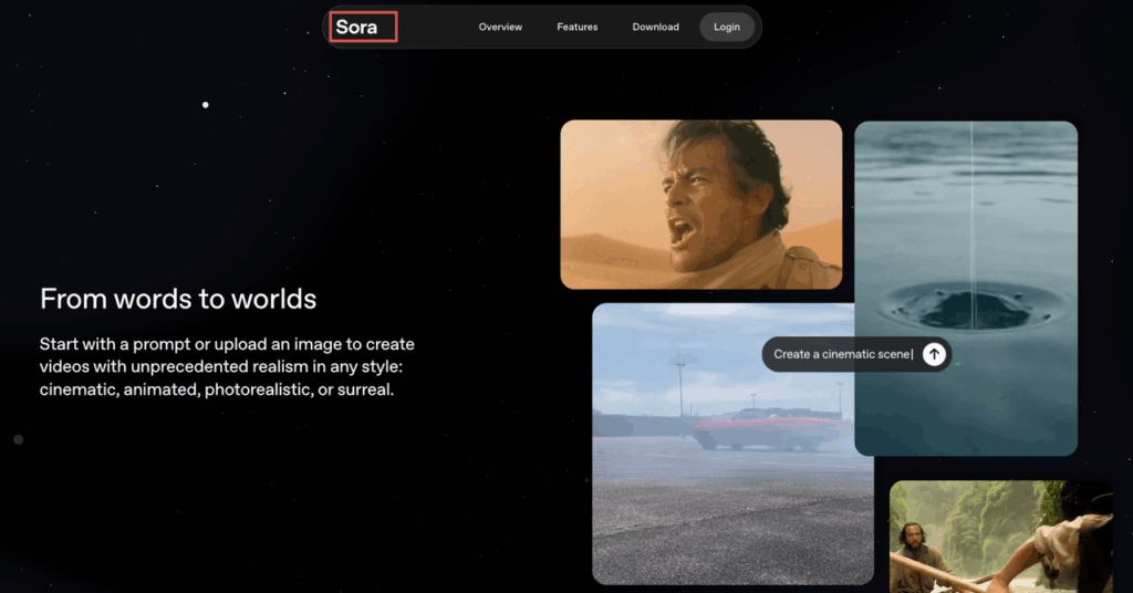 Vidu Q3 vs Sora: OpenAI Sora homepage with photorealistic cinematic video examples including dramatic desert scene and realistic water effects.
