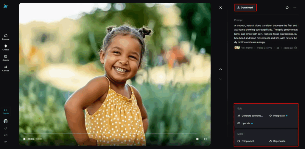 PromeAI's video editor for a generated scene of a laughing child, demonstrating post-Seedance 2.0 scene design editing tools.