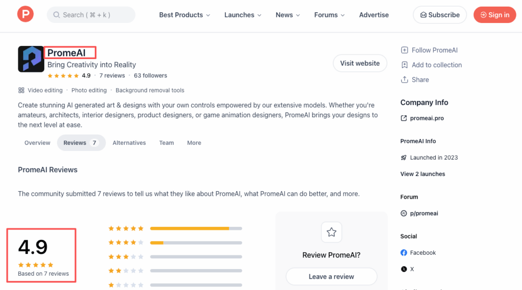 Screenshot of Product Hunt reviews showing a 4.9 rating for PromeAI, ranked as a best ai photo editor tool.
