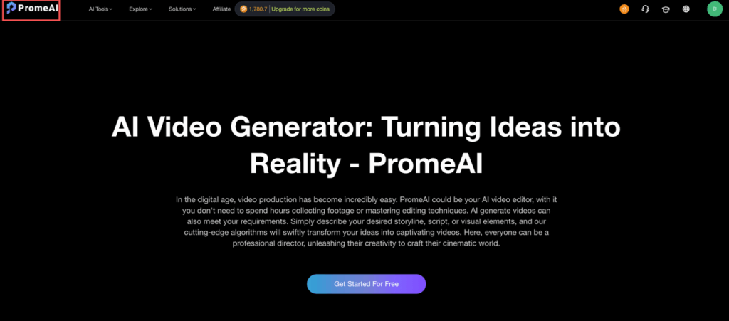 The PromeAI video generator homepage, a starting point for promeai animated product ad templates.