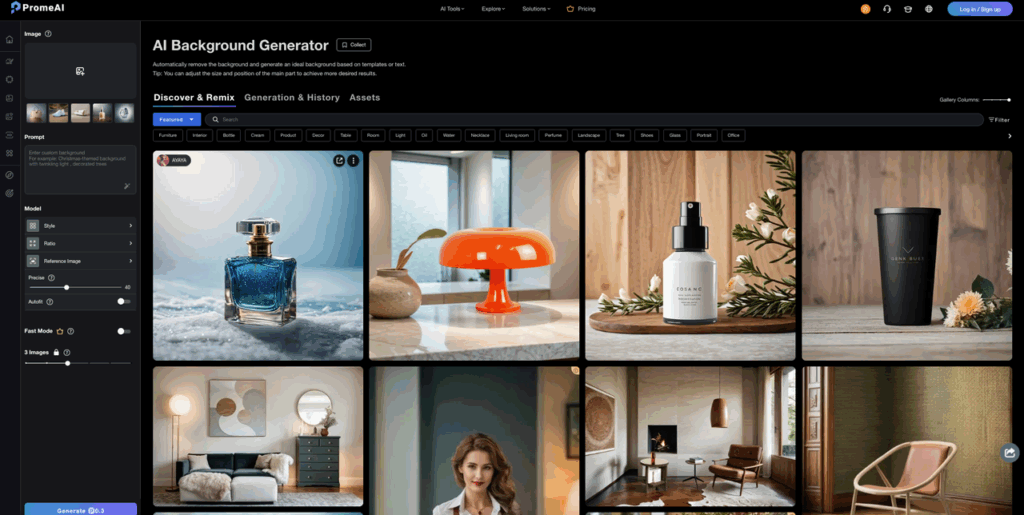 PromeAI Background Generator interface displaying product scenes, a key feature of the best ai photo editor.