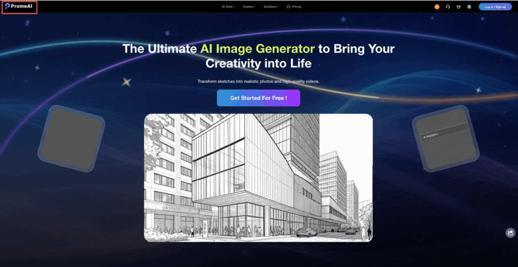 PromeAI interface showing architecture sketch-to-image features, a top contender for the best ai photo editor.