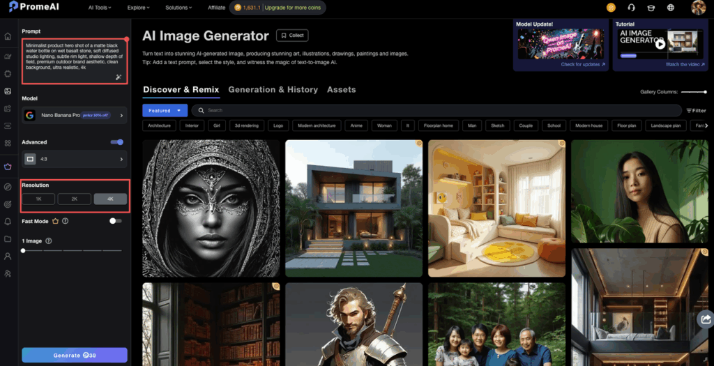 AI Image Generator interface used in the promeai workflow sop client deliverables to create high-resolution 4K visuals.