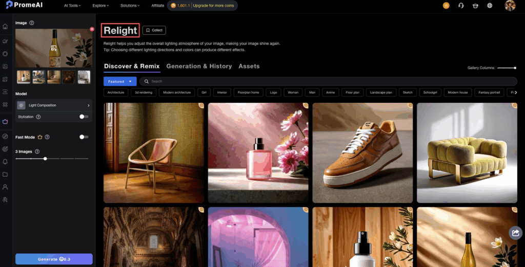 Adjusting image lighting with the Relight tool as part of the promeai workflow sop client deliverables for final polish.
