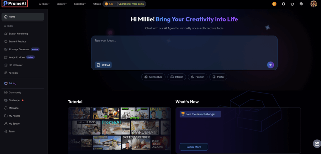 The main dashboard starting the promeai workflow sop client deliverables, showing creative AI tools and prompt inputs.