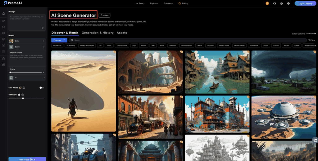 PromeAI interface with the "AI Scene Generator" header, displaying generated diverse environments for Seedance 2.0 scene design.