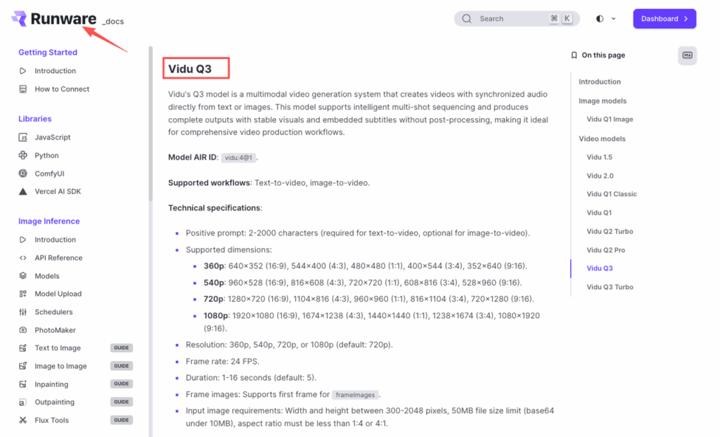 Runware documentation detailing the Vidu API specifications for the Q3 model, including supported dimensions and frame rates.