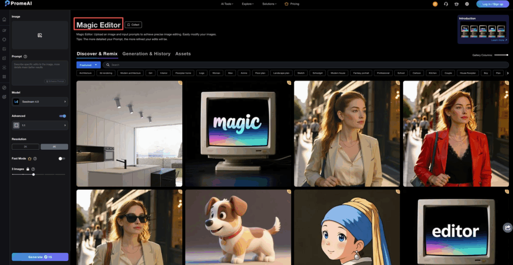 Seedance 2.0 extend replace clip features showcased in PromeAI Magic Editor interface using Seededream 4.0 model, with prompt input, gallery of AI-generated images like portraits and objects for easy precise editing.