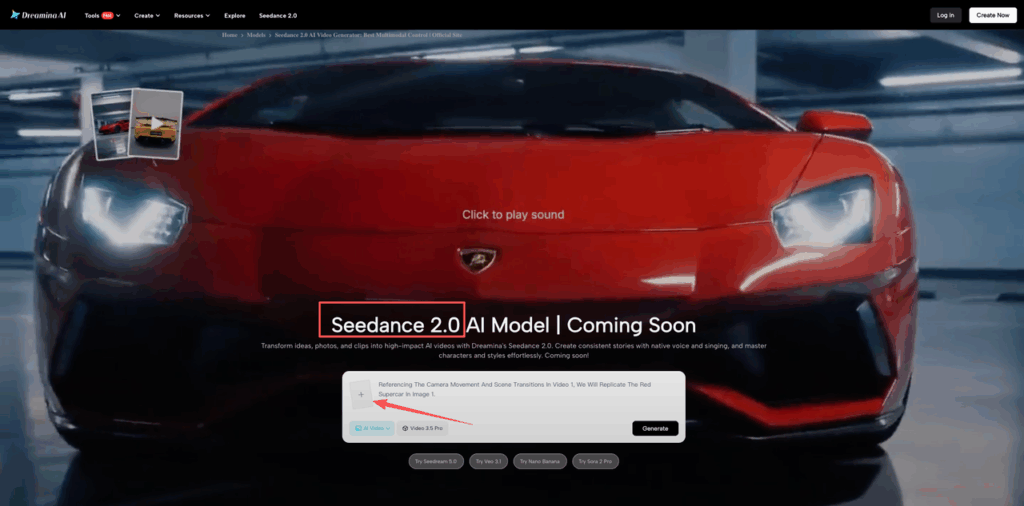 See a preview of the seedance 2.0 image to video model transforming a static red sports car image into dynamic footage.