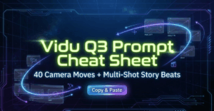A neon-style graphic displaying a Vidu Q3 prompt cheat sheet featuring 40 camera moves and multi-shot story beats.