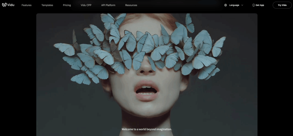 Artistic homepage interface of Vidu AI showing a model with butterflies and the top navigation menu to view Vidu pricing.