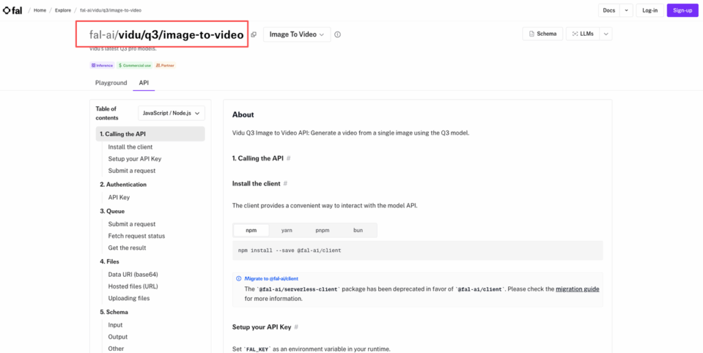 Using the Vidu API on the Fal.ai platform, highlighting the setup process for the Vidu Q3 image-to-video generation model.