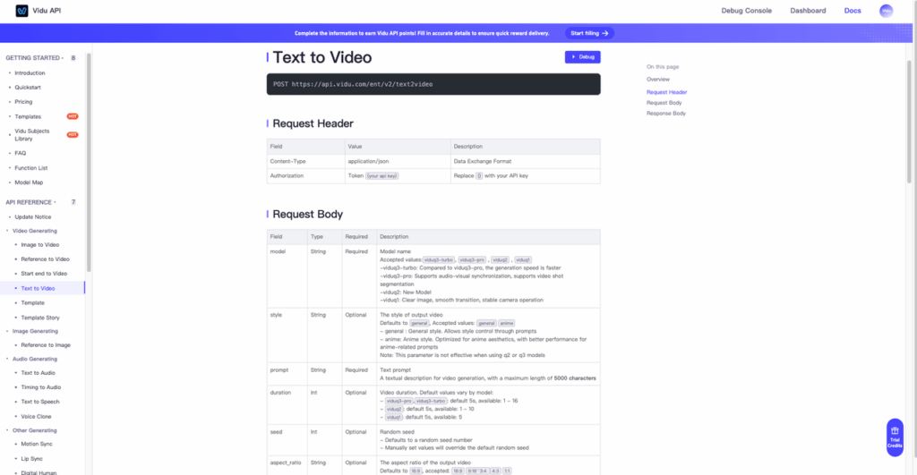 Exploring the Vidu API documentation for the text to video endpoint, detailing request headers, body parameters, and models.