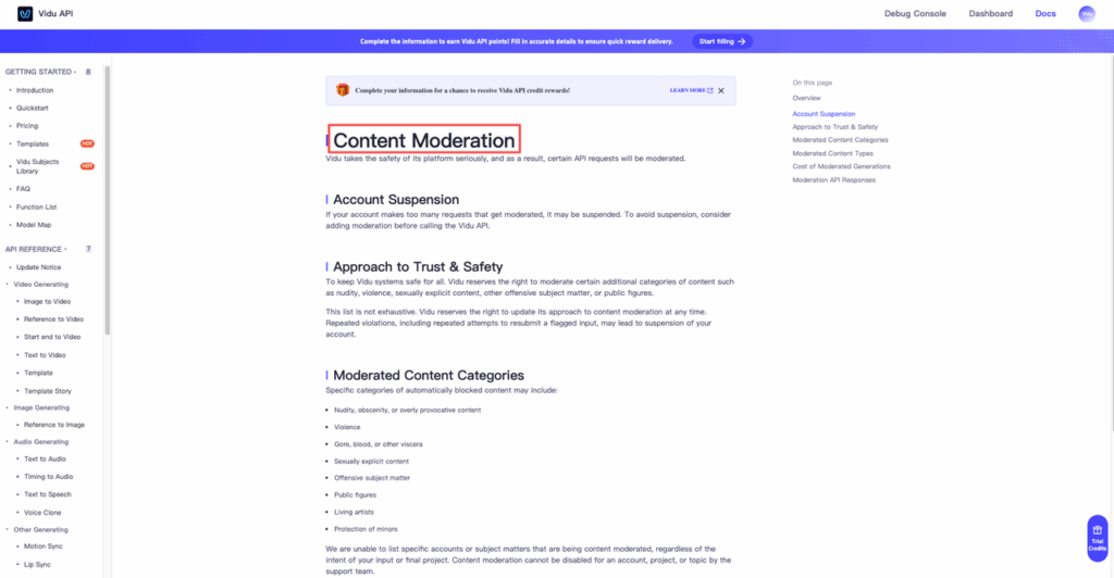 Vidu API documentation page outlining trust and safety rules that impact approved Vidu commercial use and account status.