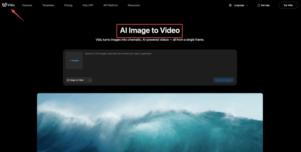 Navigate to the official website to find the vidu q3 image to video feature highlighted on the main homepage navigation.