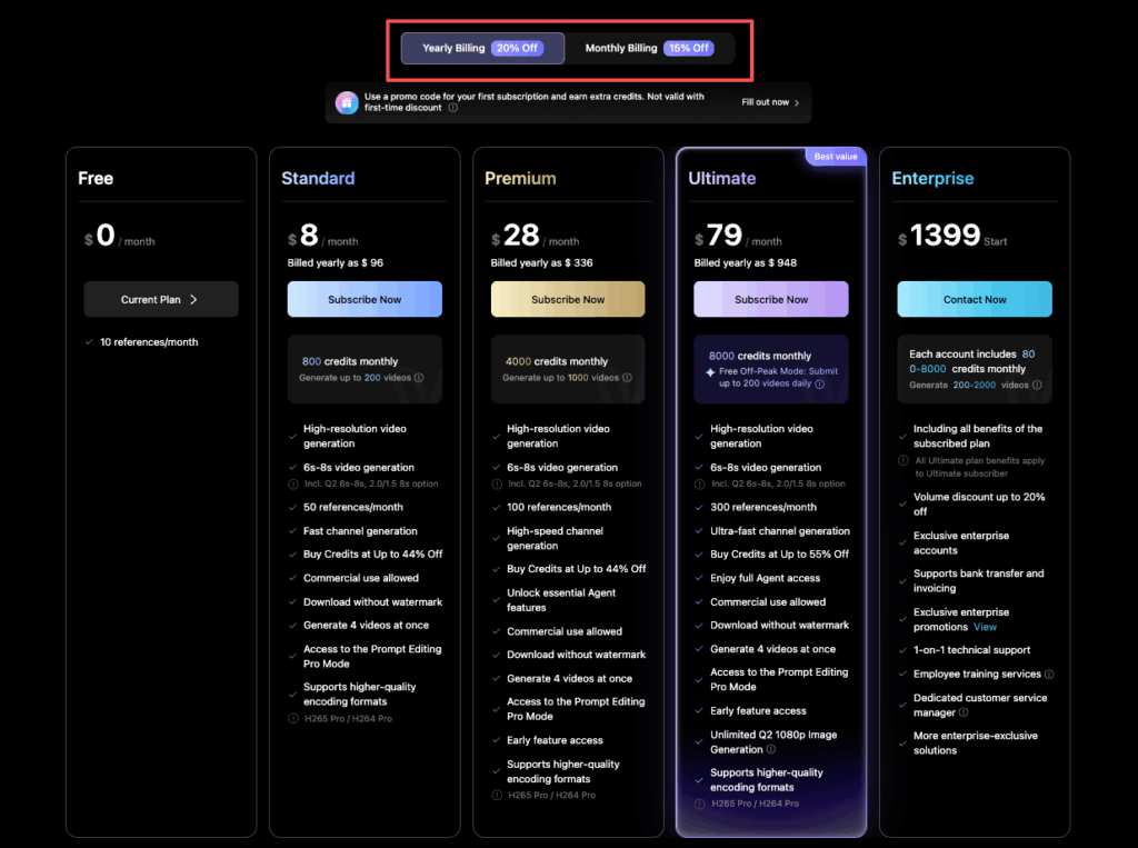 Detailed comparison chart of Vidu pricing tiers including Free Standard and Ultimate plans with yearly billing discounts.