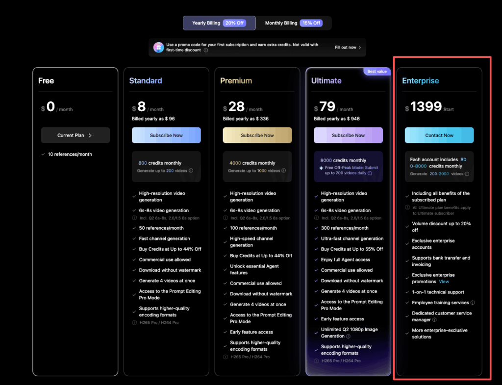 Vidu pricing comparison table highlighting the Enterprise plan options for scalable and licensed Vidu commercial use.