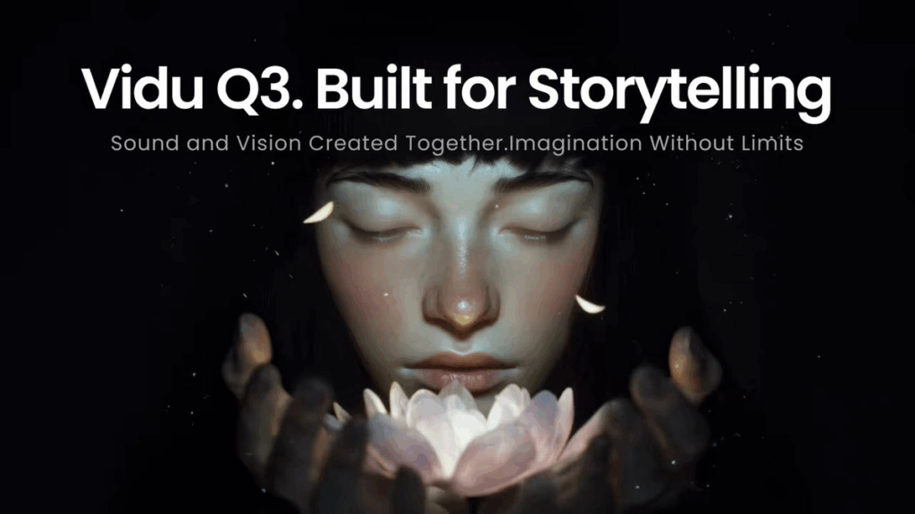 A cinematic image of a woman with a glowing lotus, illustrating how Vidu Q3 audio tools are built for visual storytelling.