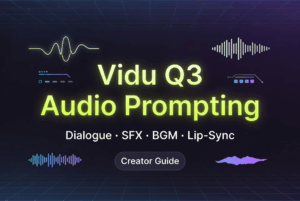 Promotional graphic displaying Vidu Q3 audio prompting features including dialogue, SFX, BGM, and lip-sync technology.