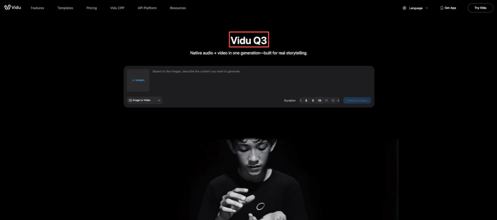 The main website interface highlighting the Vidu Q3 prompt input box for generating native audio and video stories.