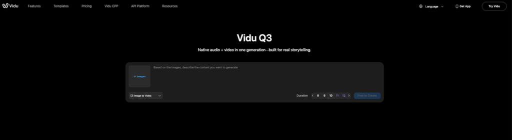 The Vidu Q3 interface featuring the upload section for creating stories with the Vidu reference to video generation tool.