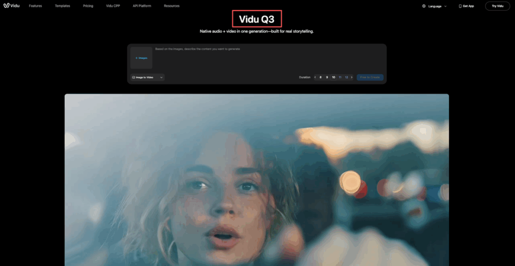 Interface of the Vidu Q3 model displaying high-quality video generation features suitable for professional Vidu commercial use.