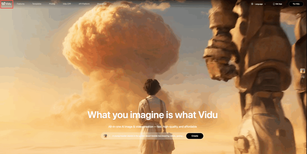 Vidu AI homepage showing dramatic mushroom cloud scene, but users face Vidu Q3 not working issues like failed generations or loading errors