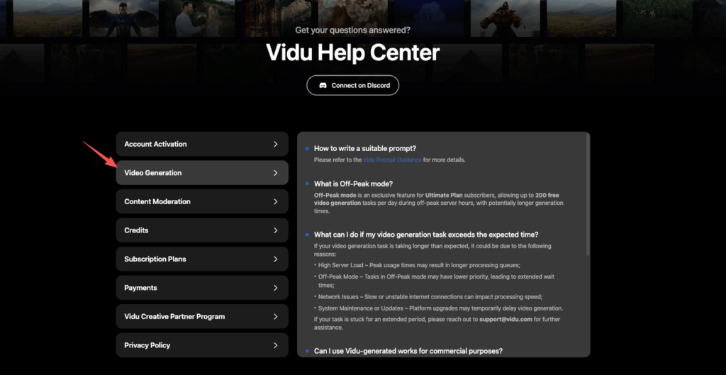 Vidu Help Center showing Video Generation section for troubleshooting Vidu Q3 not working, including prompt guidance, off-peak mode, and long wait fixes
