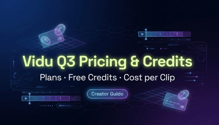 Neon banner displaying Vidu Q3 pricing and credits info including plans and cost per clip details with holographic cards.