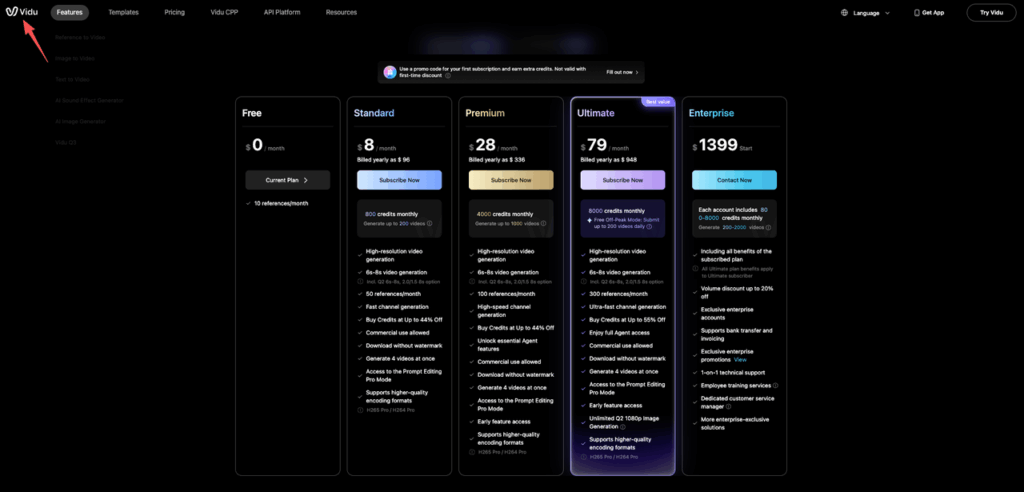 Vidu Q3 vs Sora: Detailed pricing comparison table for Vidu plans from Free (10 references) to Ultimate ($79/mo) with 8000 credits, high-res video, and Pro features.