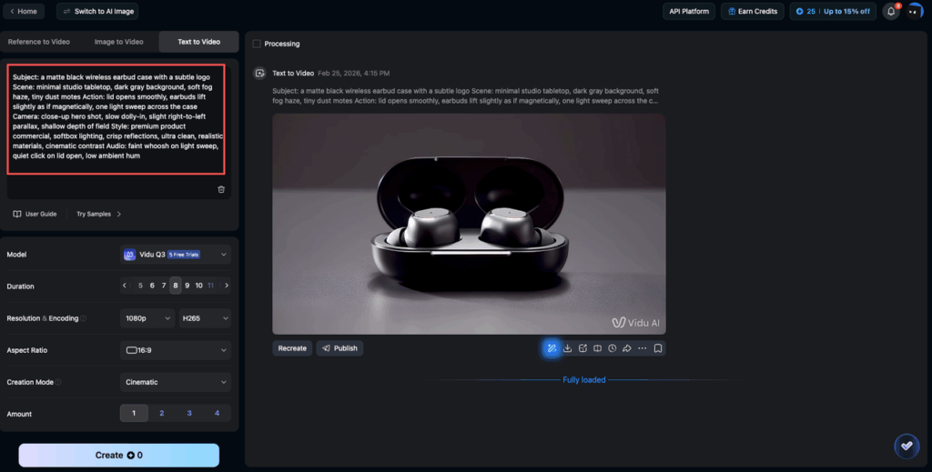 How to use Vidu Q3 for product shots: detailed prompt example with subject, action, camera dolly-in, cinematic lighting and native audio