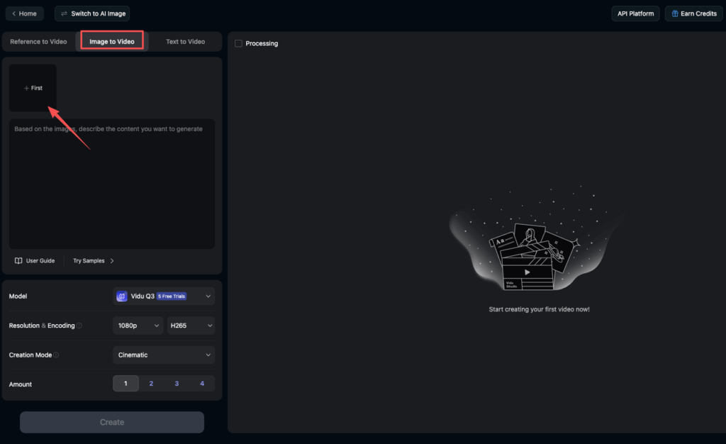 The Vidu Studio interface displaying the vidu q3 image to video tool where users upload their first reference image.