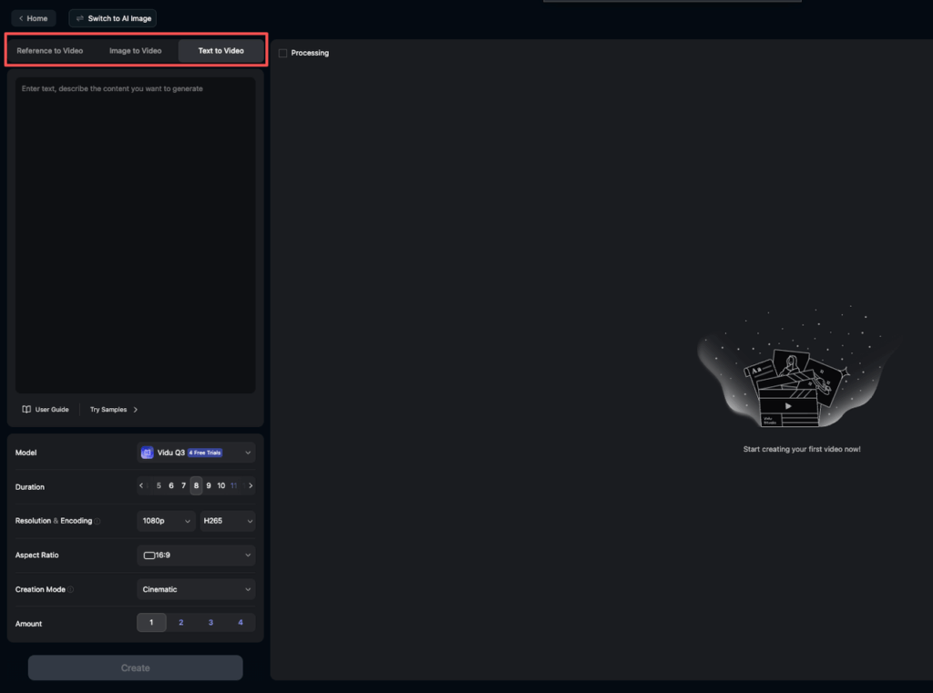 Vidu Q3 text-to-video creation screen with 1080p, H265, cinematic mode selected, helping solve Vidu Q3 not working, bad motion, or audio sync failures